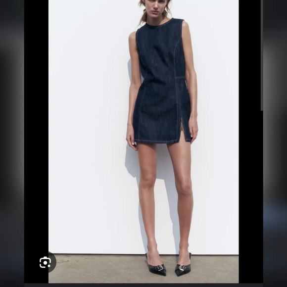 Zara Dresses & Skirts - Zara denim dark indigo rounded neck open side slit mini dress